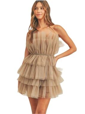 NWT EDITE MODE ELEGANT TAUPE STRAPLESS RUFFLE TULLE MINI DRESS
